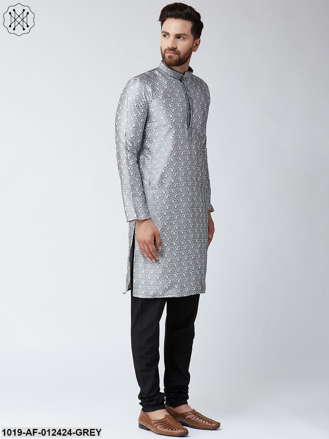 Men's Silk Grey Kurta And Black Pyjama Set