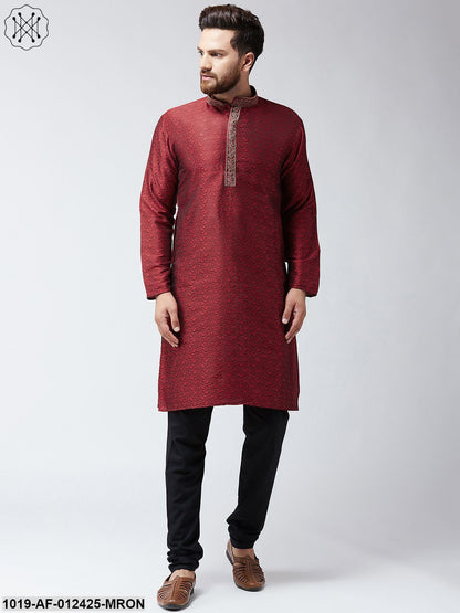 Men's Silk Maroon Kurta And Black Pyjama Set