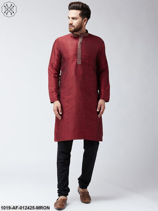 Men's Silk Maroon Kurta And Black Pyjama Set