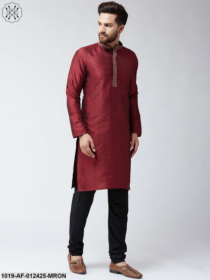 Men's Silk Maroon Kurta And Black Pyjama Set