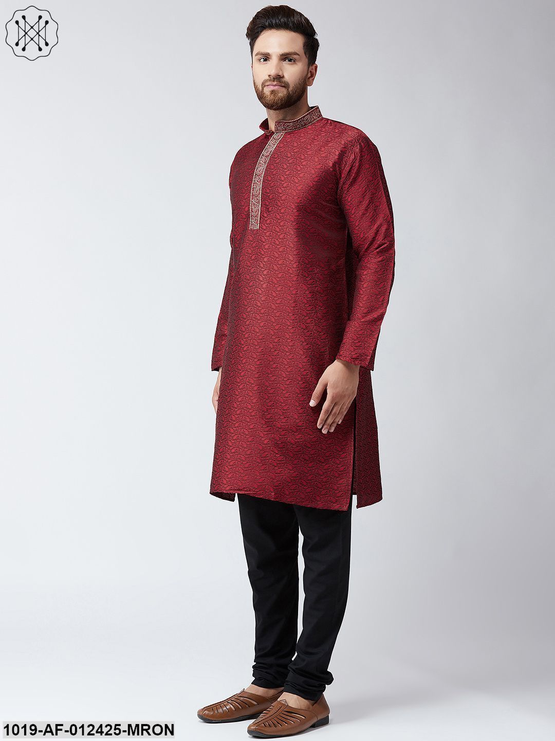 Men's Silk Maroon Kurta And Black Pyjama Set