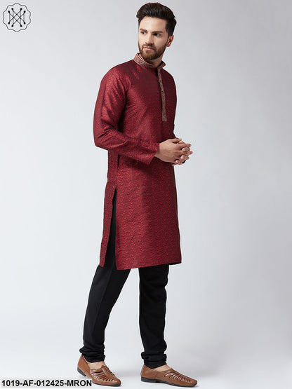 Men's Silk Maroon Kurta And Black Pyjama Set