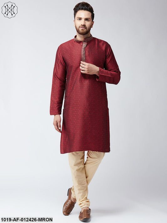 Men's Silk Maroon Kurta And Beige Pyjama Set