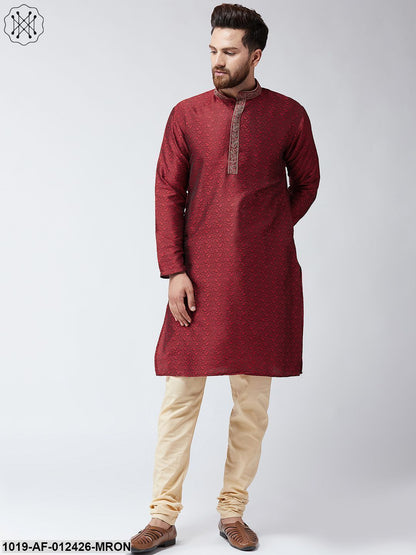 Men's Silk Maroon Kurta And Beige Pyjama Set