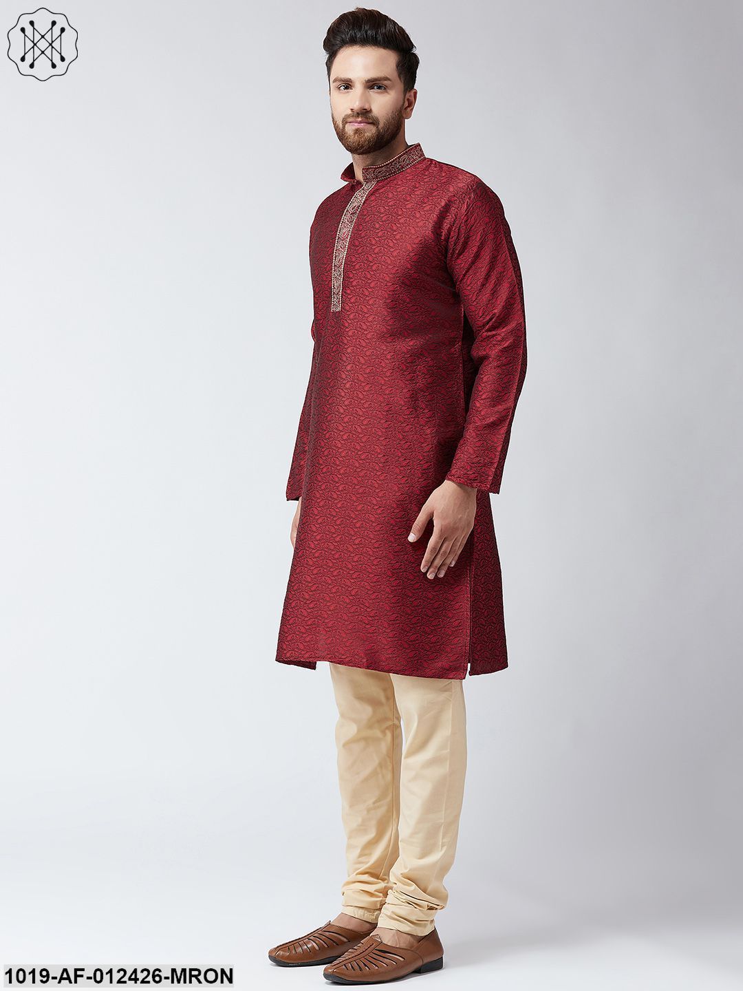 Men's Silk Maroon Kurta And Beige Pyjama Set