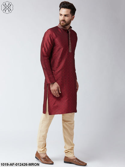 Men's Silk Maroon Kurta And Beige Pyjama Set