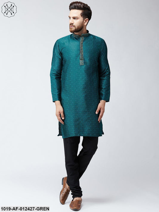 Men's Silk Teal Green Kurta And Black Pyjama Set