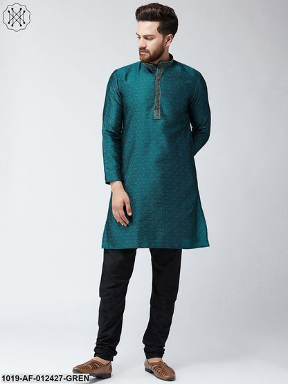 Men's Silk Teal Green Kurta And Black Pyjama Set