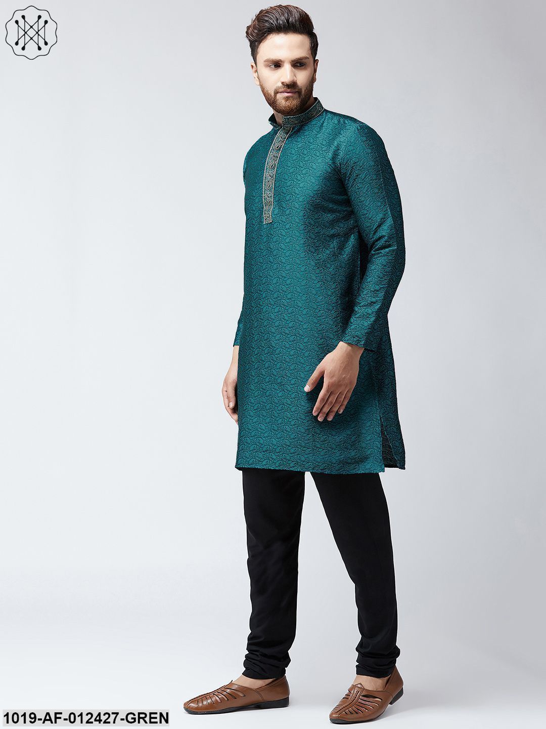 Men's Silk Teal Green Kurta And Black Pyjama Set