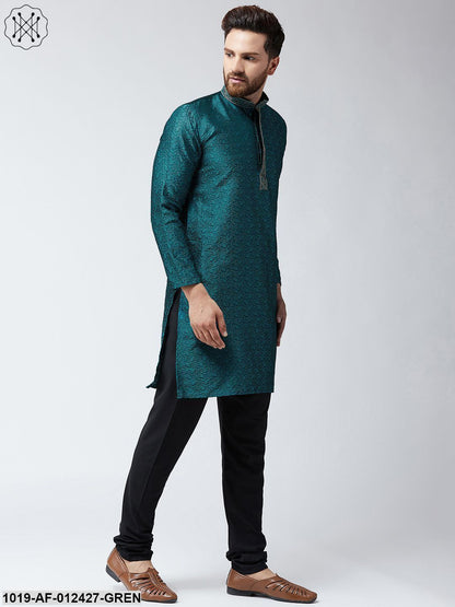 Men's Silk Teal Green Kurta And Black Pyjama Set