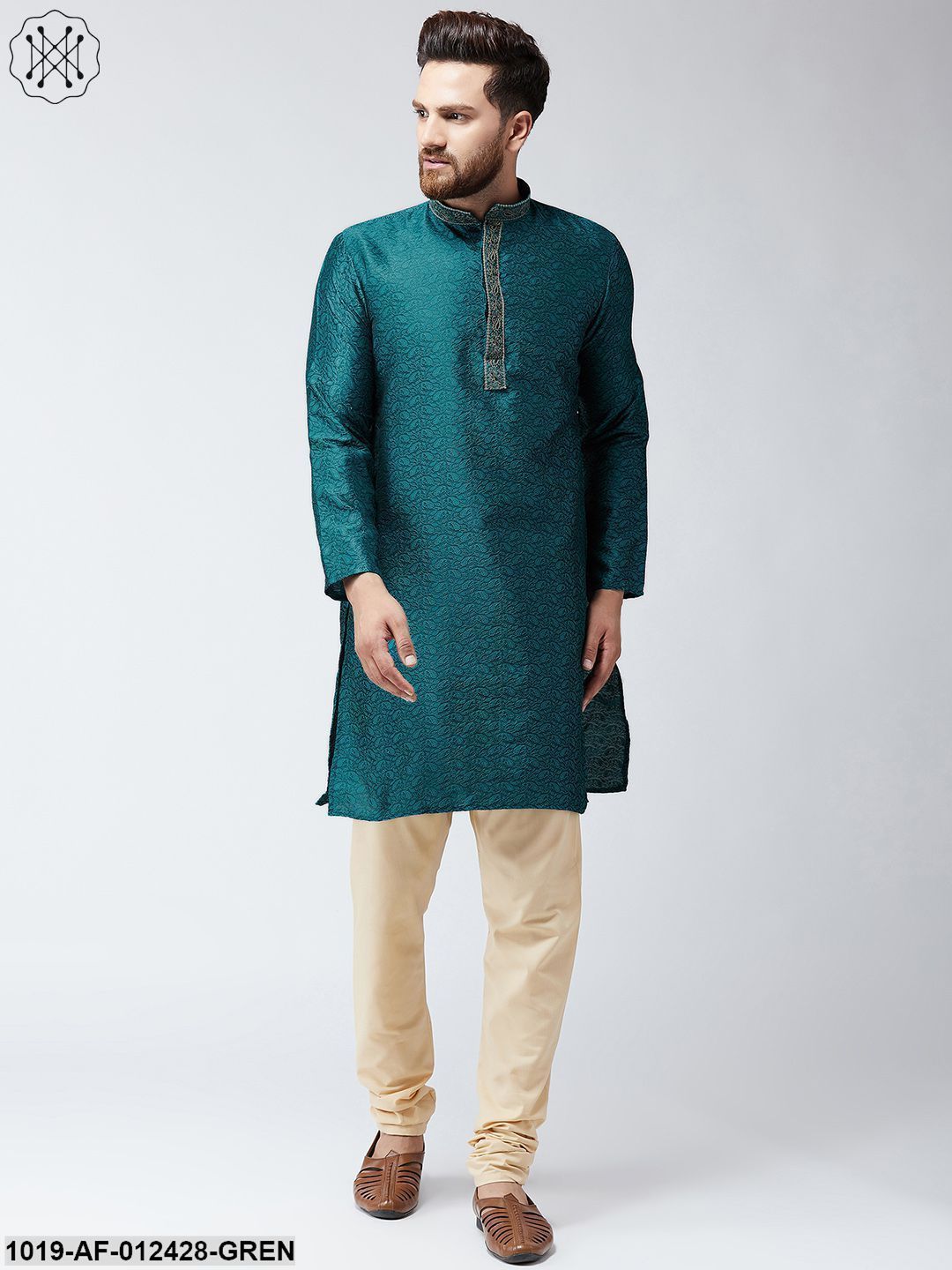 Men's Silk Teal Green Kurta And Beige Pyjama Set