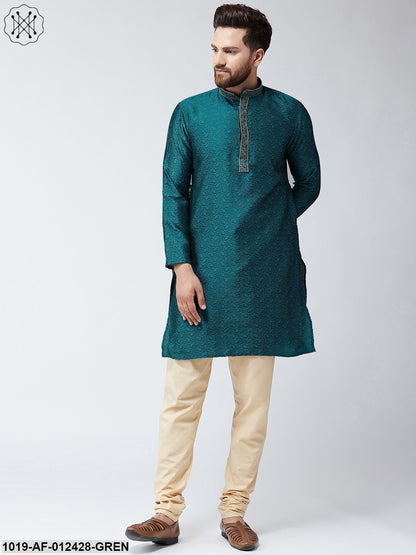 Men's Silk Teal Green Kurta And Beige Pyjama Set