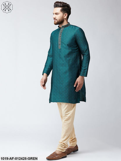 Men's Silk Teal Green Kurta And Beige Pyjama Set