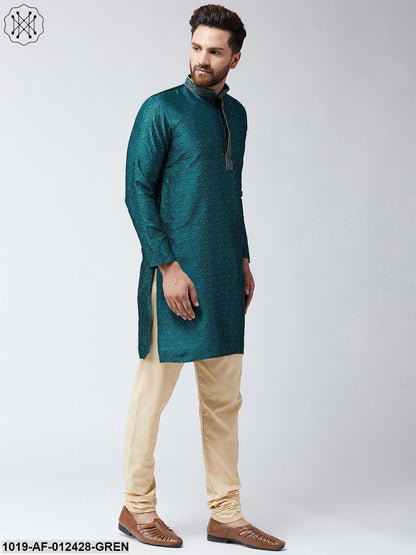 Men's Silk Teal Green Kurta And Beige Pyjama Set