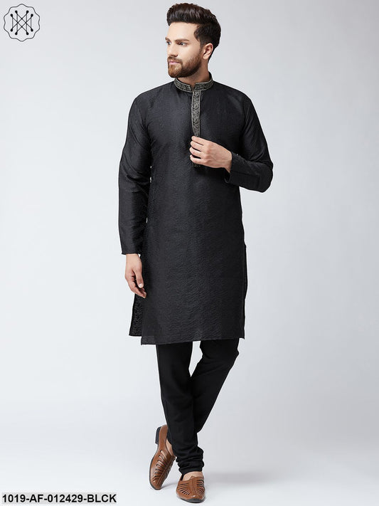 Men's Silk Black Kurta And Black Pyjama Set