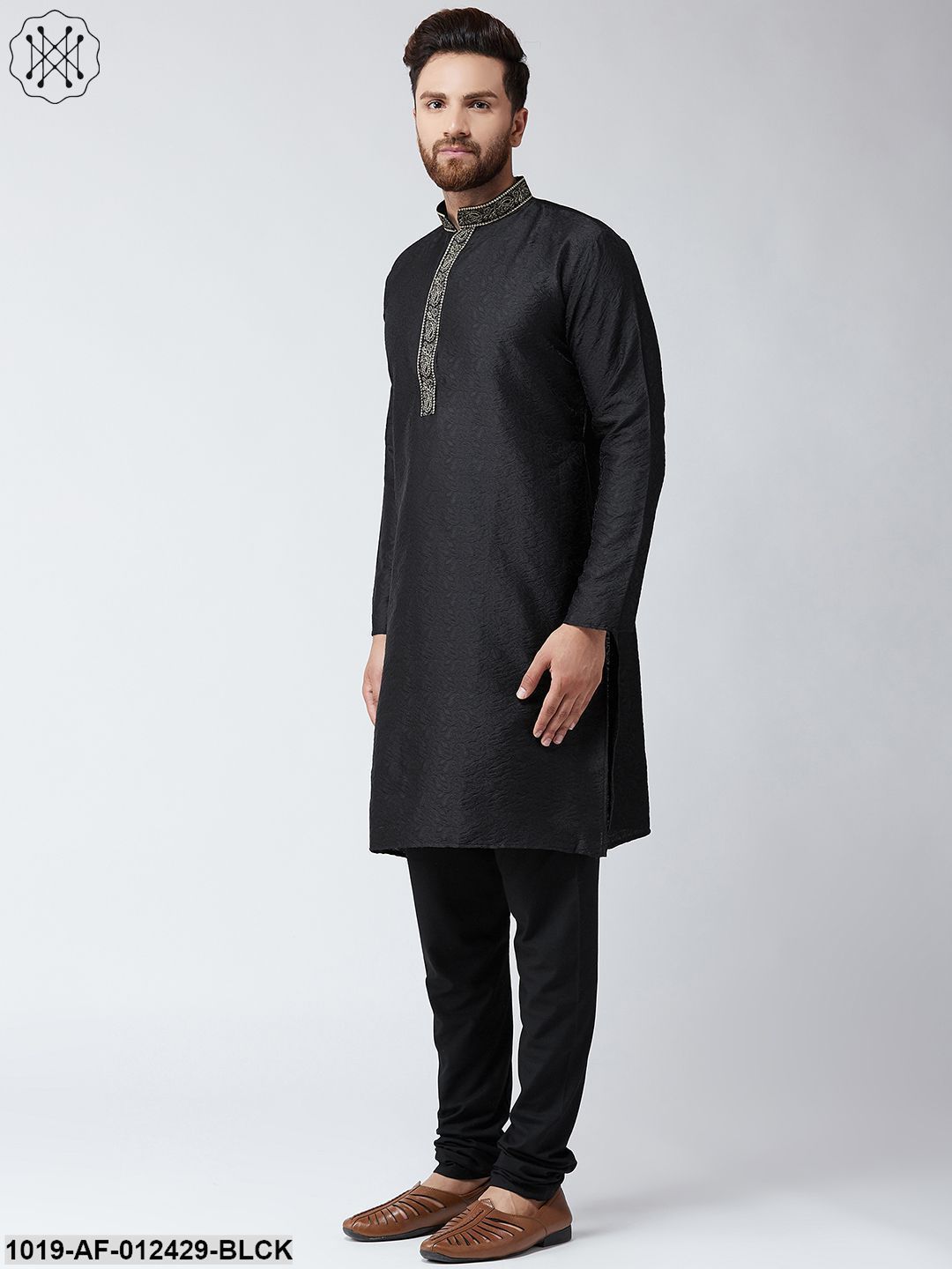 Men's Silk Black Kurta And Black Pyjama Set