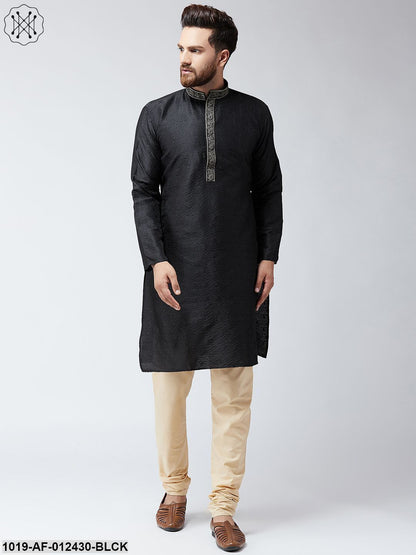 Men's Silk Black Kurta And Beige Pyjama Set