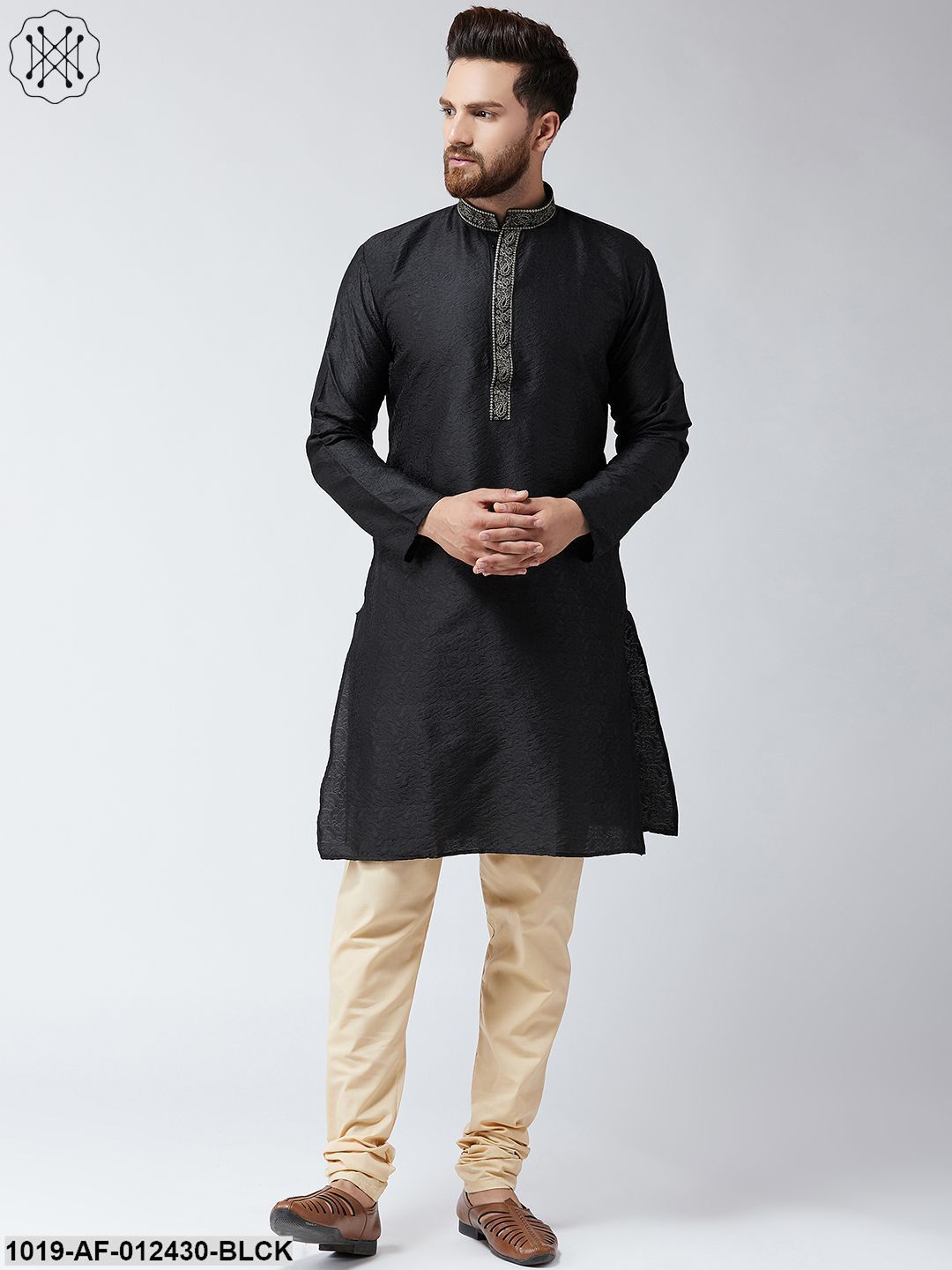 Men's Silk Black Kurta And Beige Pyjama Set