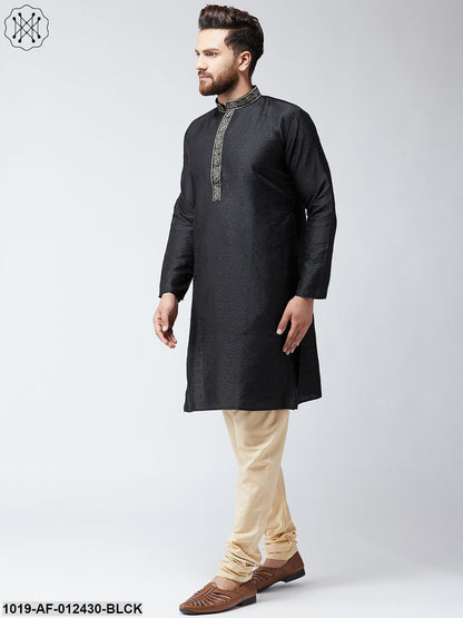 Men's Silk Black Kurta And Beige Pyjama Set