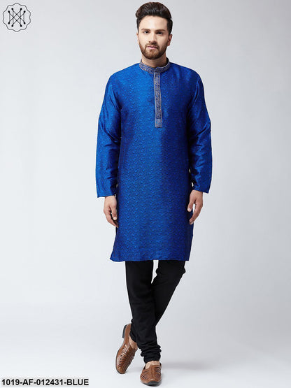 Men's Silk Blue Kurta And Black Pyjama Set