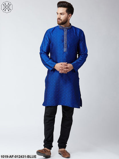 Men's Silk Blue Kurta And Black Pyjama Set