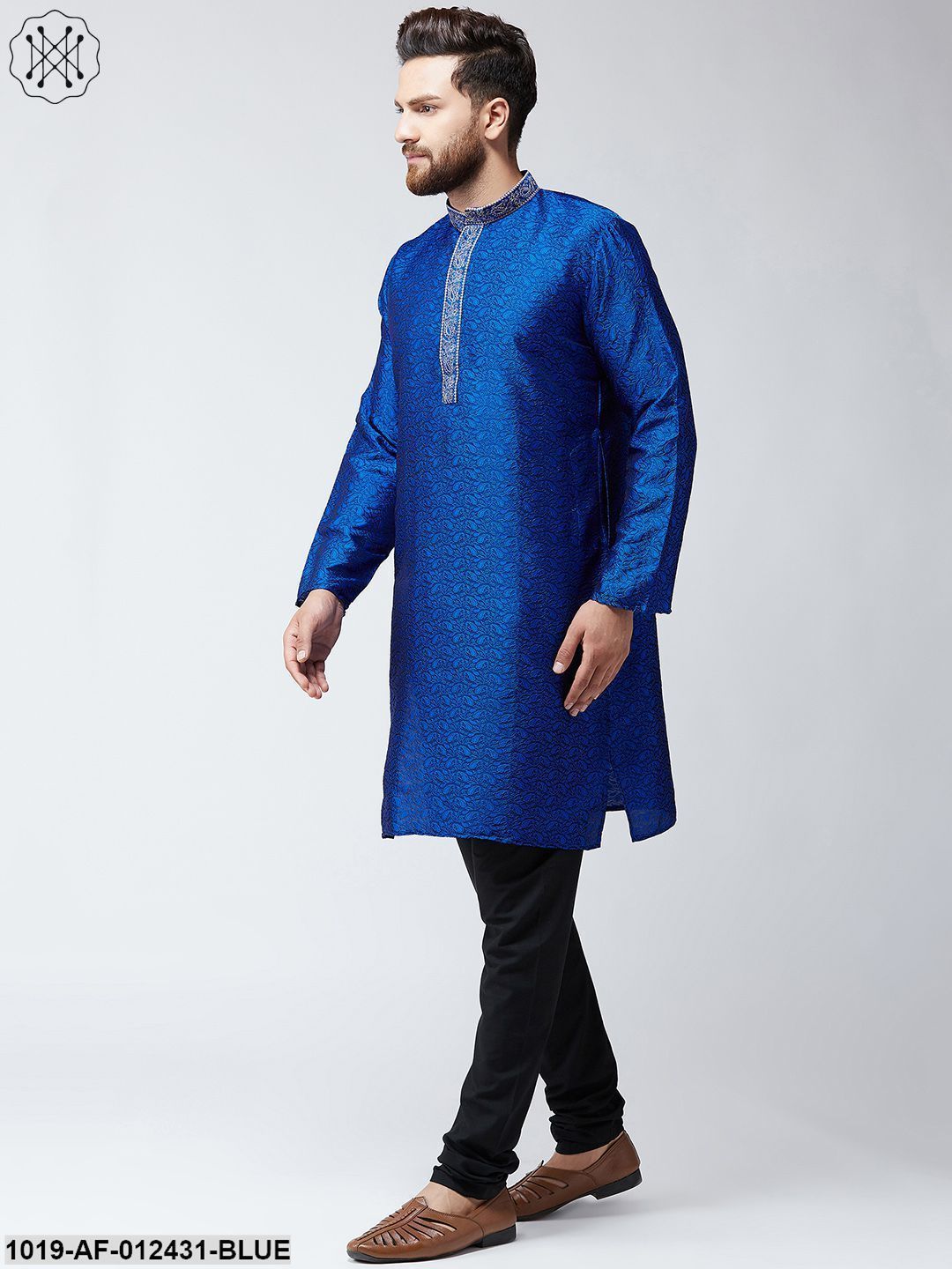 Men's Silk Blue Kurta And Black Pyjama Set