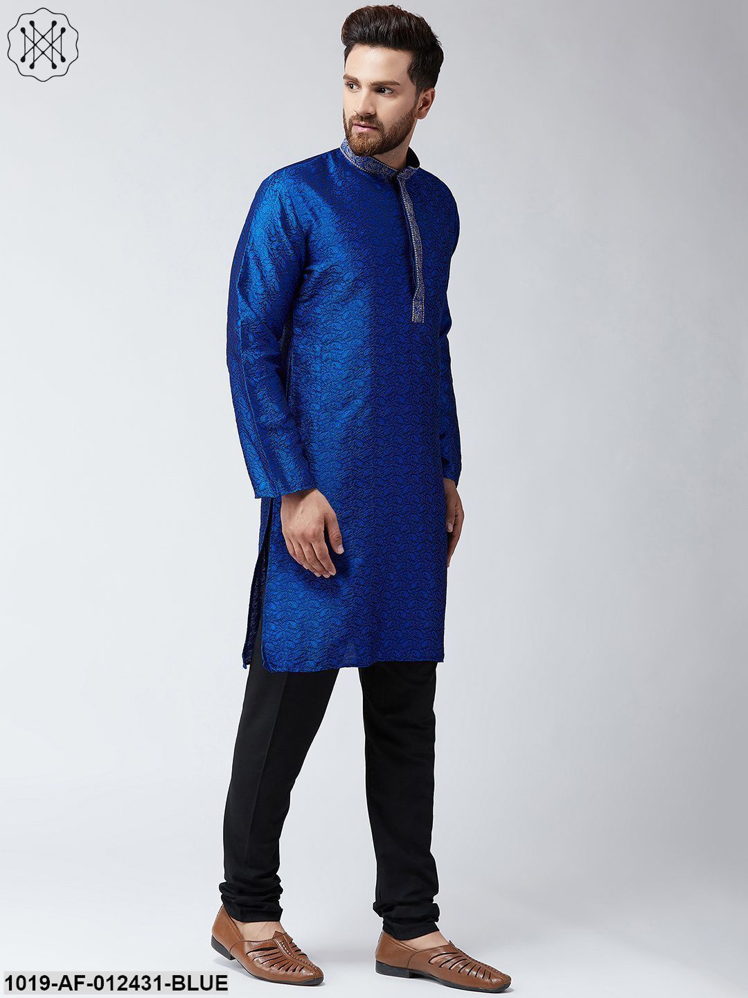 Men's Silk Blue Kurta And Black Pyjama Set