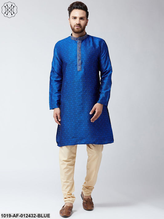 Men's Silk Blue Kurta And Beige Pyjama Set