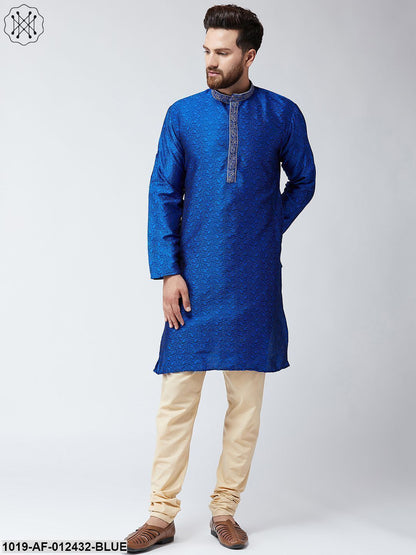 Men's Silk Blue Kurta And Beige Pyjama Set