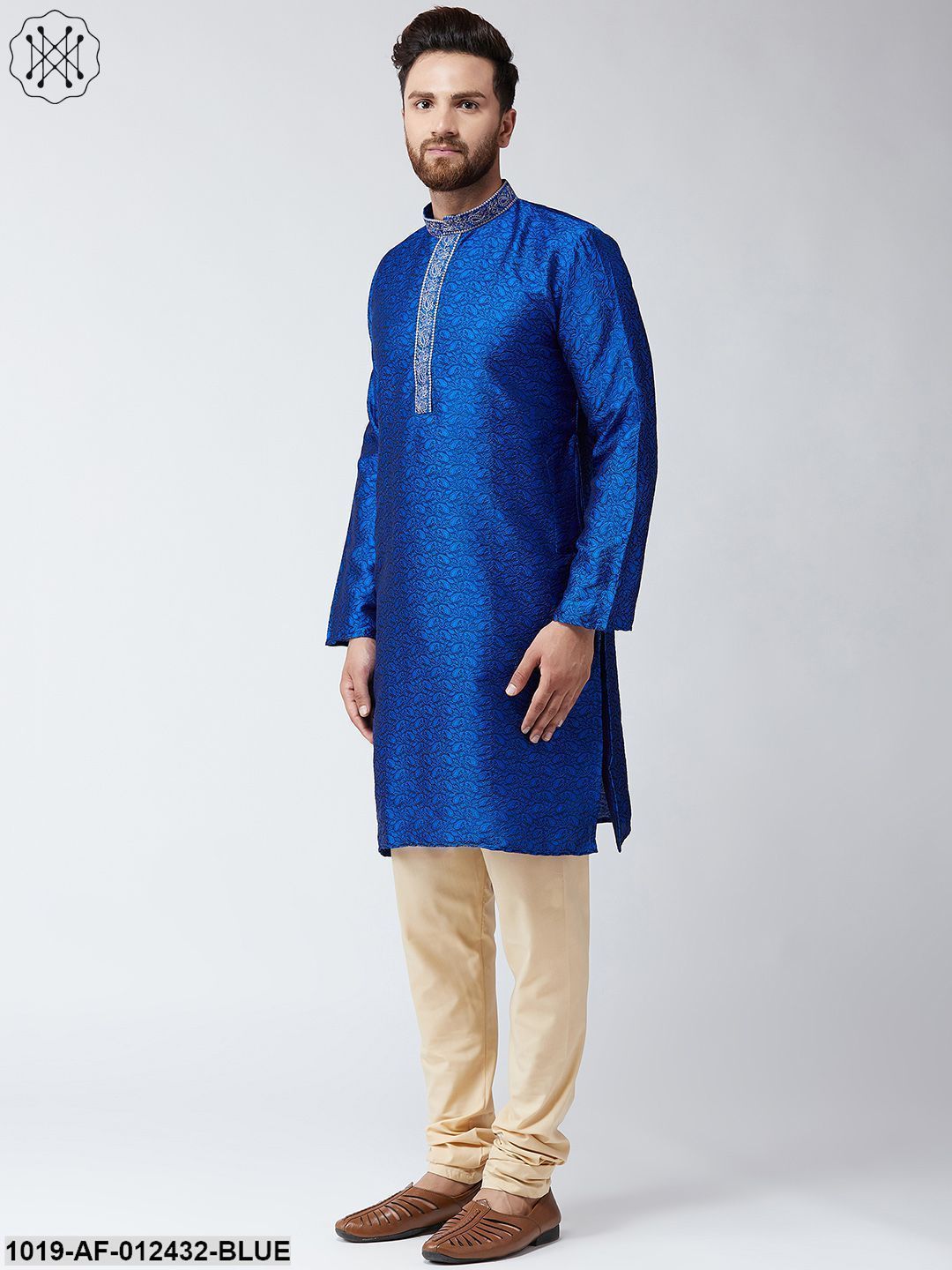 Men's Silk Blue Kurta And Beige Pyjama Set