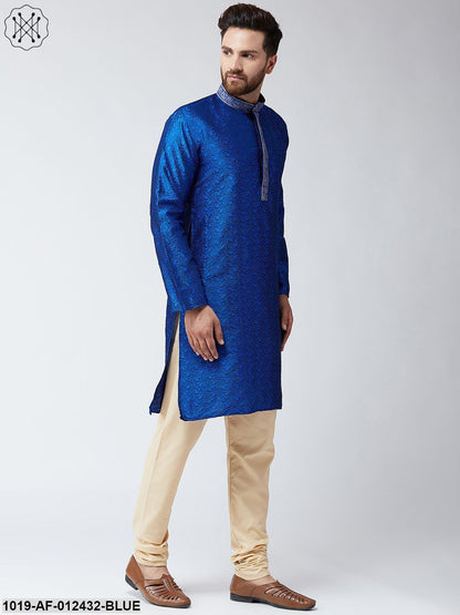 Men's Silk Blue Kurta And Beige Pyjama Set