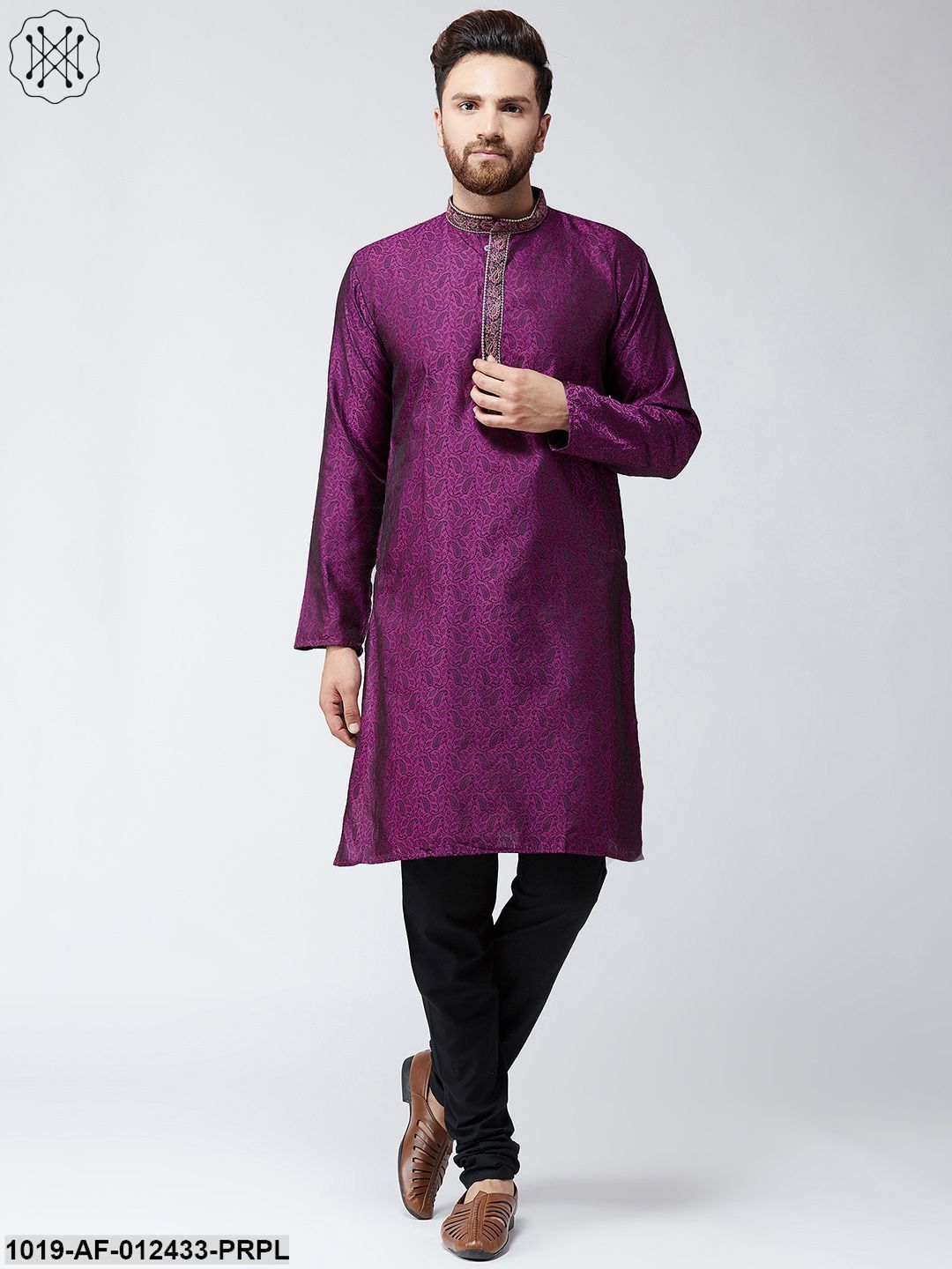 Men's Silk Purple Kurta And Black Pyjama Set