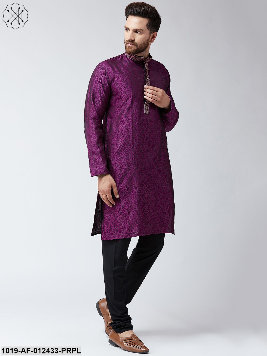 Men's Silk Purple Kurta And Black Pyjama Set