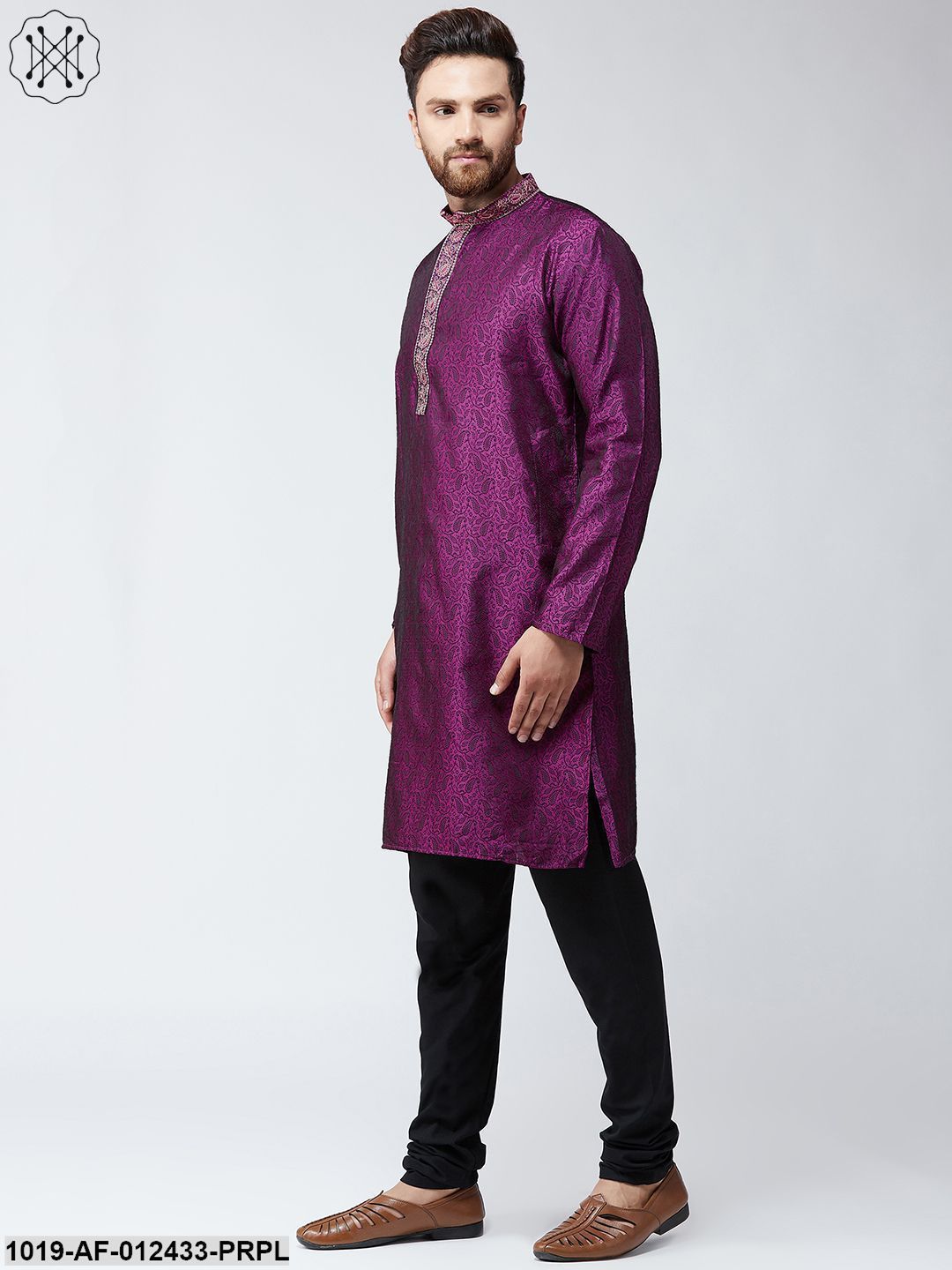 Men's Silk Purple Kurta And Black Pyjama Set