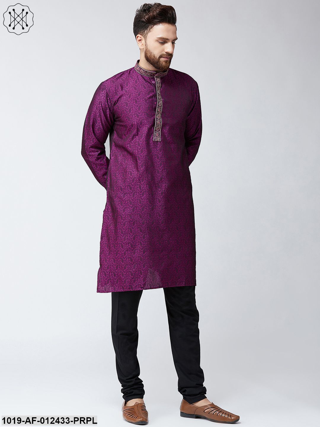 Men's Silk Purple Kurta And Black Pyjama Set