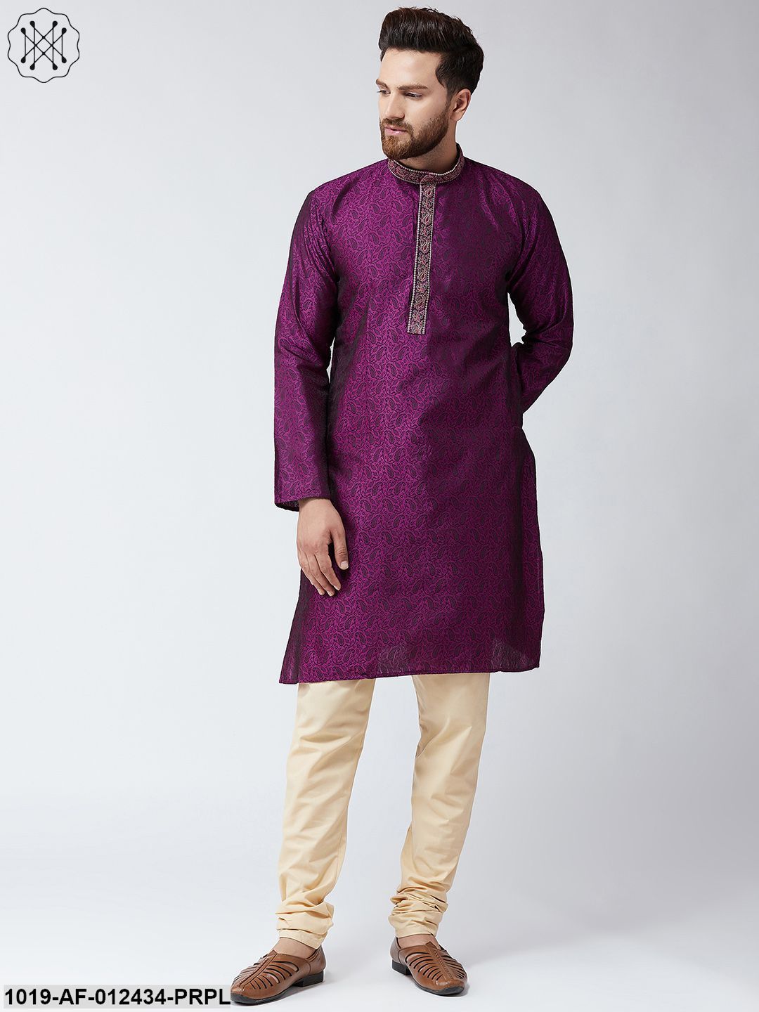 Men's Silk Purple Kurta And Beige Pyjama Set