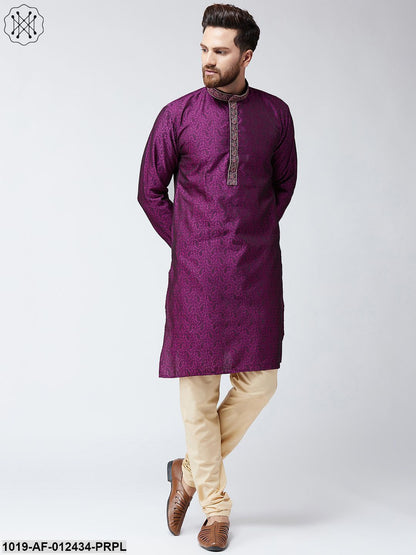 Men's Silk Purple Kurta And Beige Pyjama Set