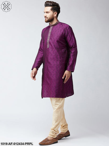 Men's Silk Purple Kurta And Beige Pyjama Set