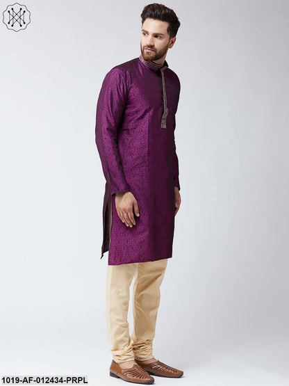 Men's Silk Purple Kurta And Beige Pyjama Set