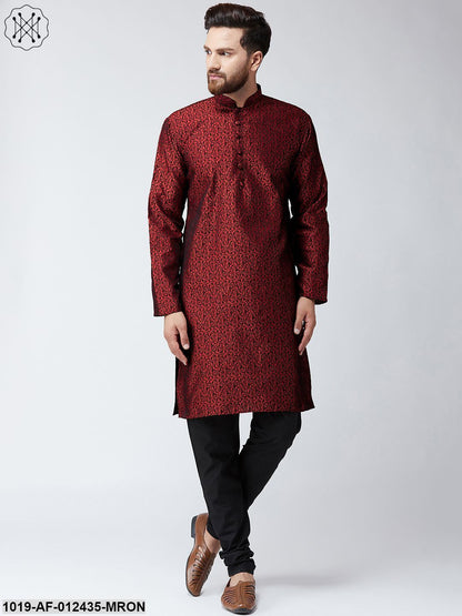 Men's Silk Maroon Kurta And Black Pyjama Set