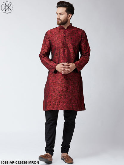 Men's Silk Maroon Kurta And Black Pyjama Set