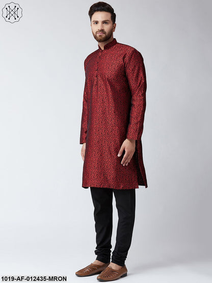 Men's Silk Maroon Kurta And Black Pyjama Set