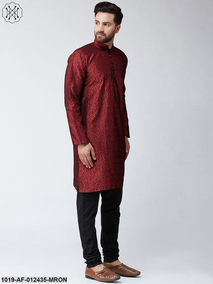 Men's Silk Maroon Kurta And Black Pyjama Set