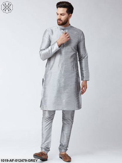 Men's Silk Grey Kurta And Grey Pyjama Set