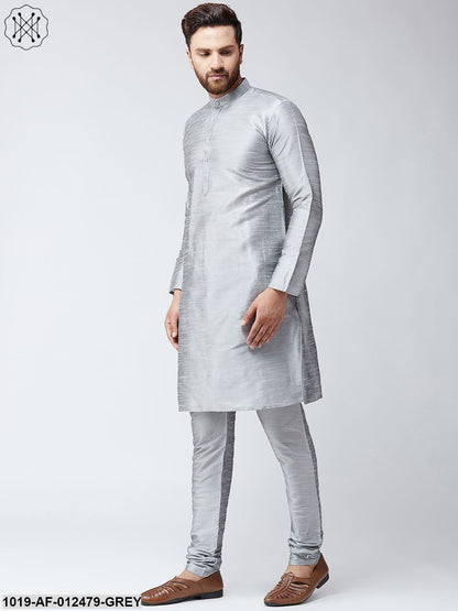 Men's Silk Grey Kurta And Grey Pyjama Set