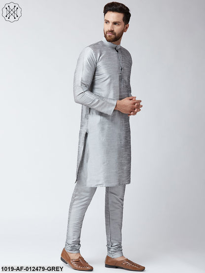 Men's Silk Grey Kurta And Grey Pyjama Set