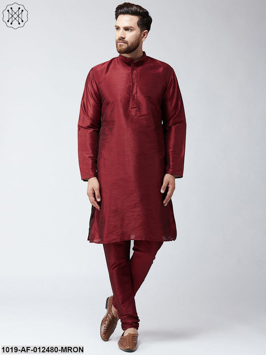 Men's Silk Maroon Kurta And Maroon Pyjama Set