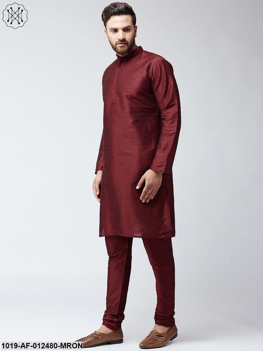 Men's Silk Maroon Kurta And Maroon Pyjama Set