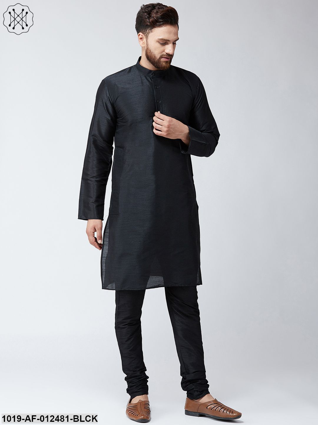 Men's Silk Black Kurta And Black Pyjama Set