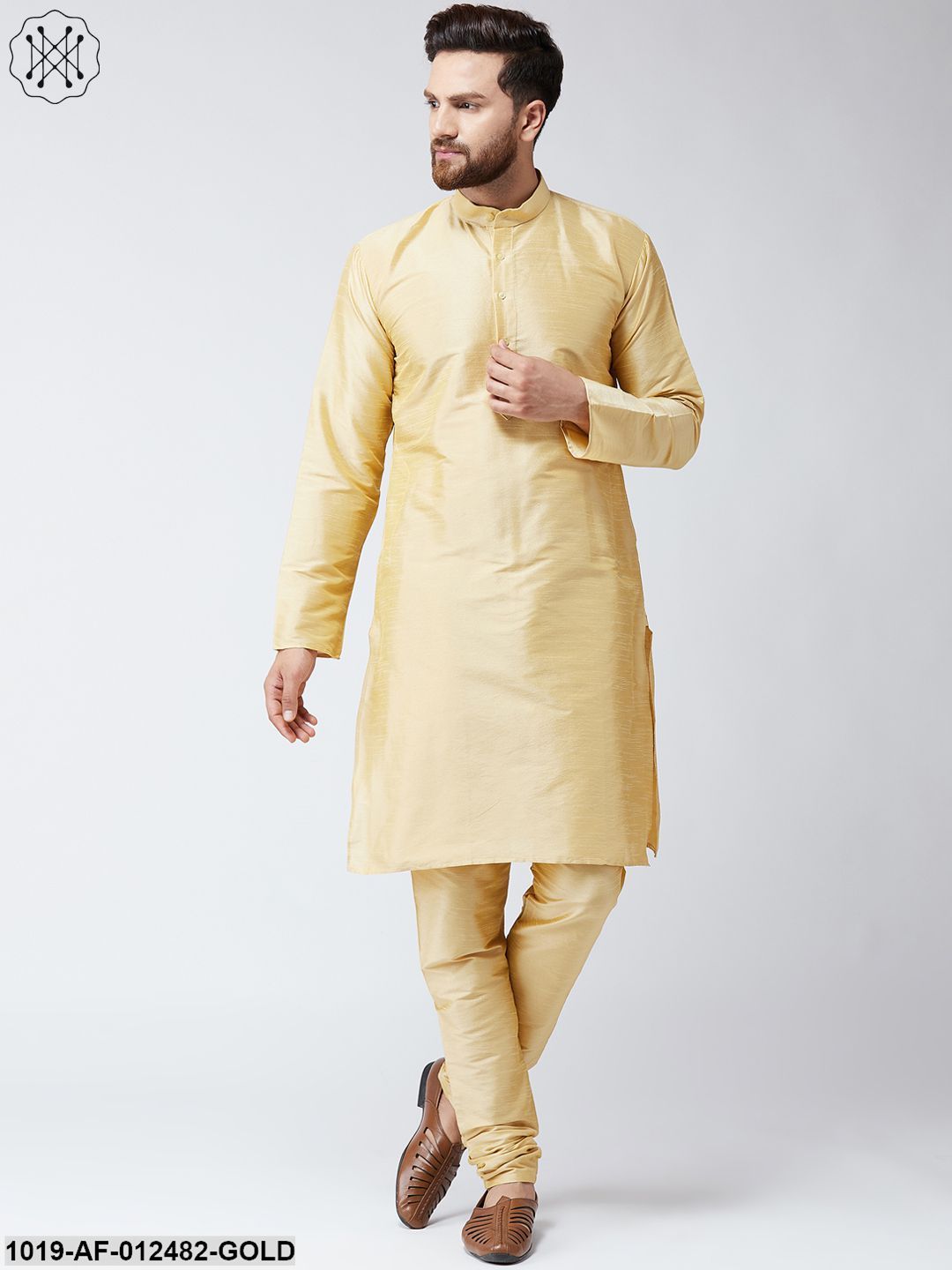 Men's Silk Gold Kurta And Gold Pyjama Set